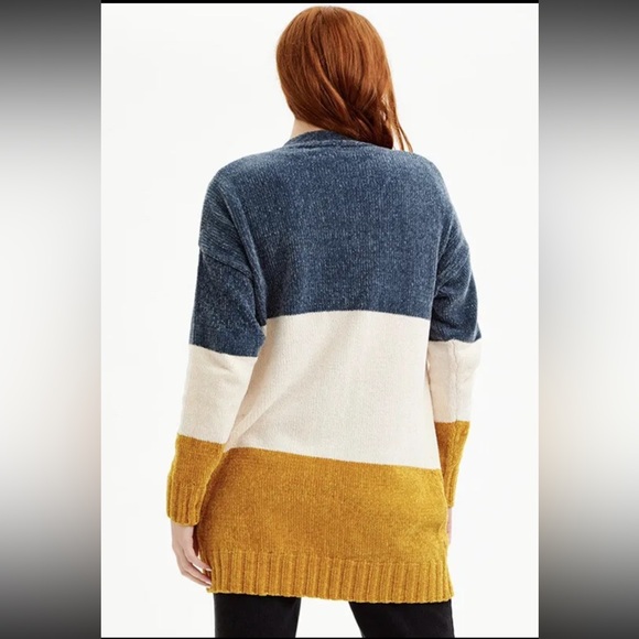 Evelyn Taylor Large Chenille Blue Yellow White Color Block Open Cardigan Pocket - Picture 2 of 4